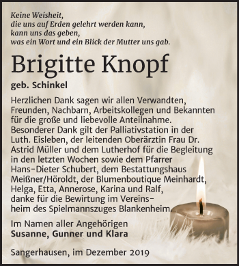 Traueranzeige von Brigitte Knopf von Mitteldeutsche Zeitung Sangerhausen