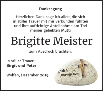 Traueranzeige von Brigitte Meister von Mitteldeutsche Zeitung Bitterfeld