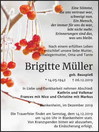 Traueranzeige von Brigitte Müller von Mitteldeutsche Zeitung Sangerhausen