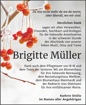 Traueranzeige von Brigitte Müller von Wochenspiegel Sangerhausen