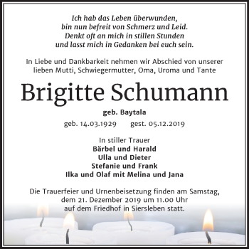 Traueranzeige von Brigitte Schumann von Mitteldeutsche Zeitung Mansfelder Land