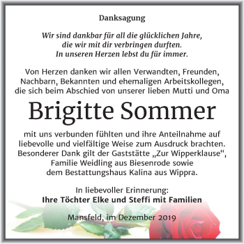 Traueranzeige von Brigitte Sommer von Mitteldeutsche Zeitung Mansfelder Land