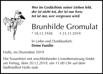 Traueranzeige von Brunhilde Gromulat von Mitteldeutsche Zeitung Halle/Saalkreis