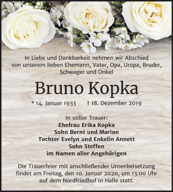 Traueranzeige von Bruno Kopka von Mitteldeutsche Zeitung Halle/Saalkreis