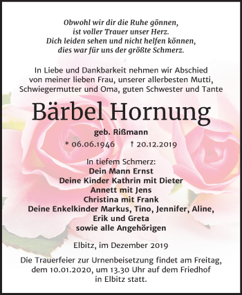 Traueranzeige von Bärbel Hornung von Mitteldeutsche Zeitung Mansfelder Land