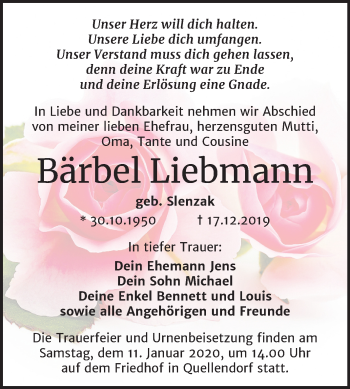 Traueranzeige von Bärbel Liebmann von Super Sonntag Köthen