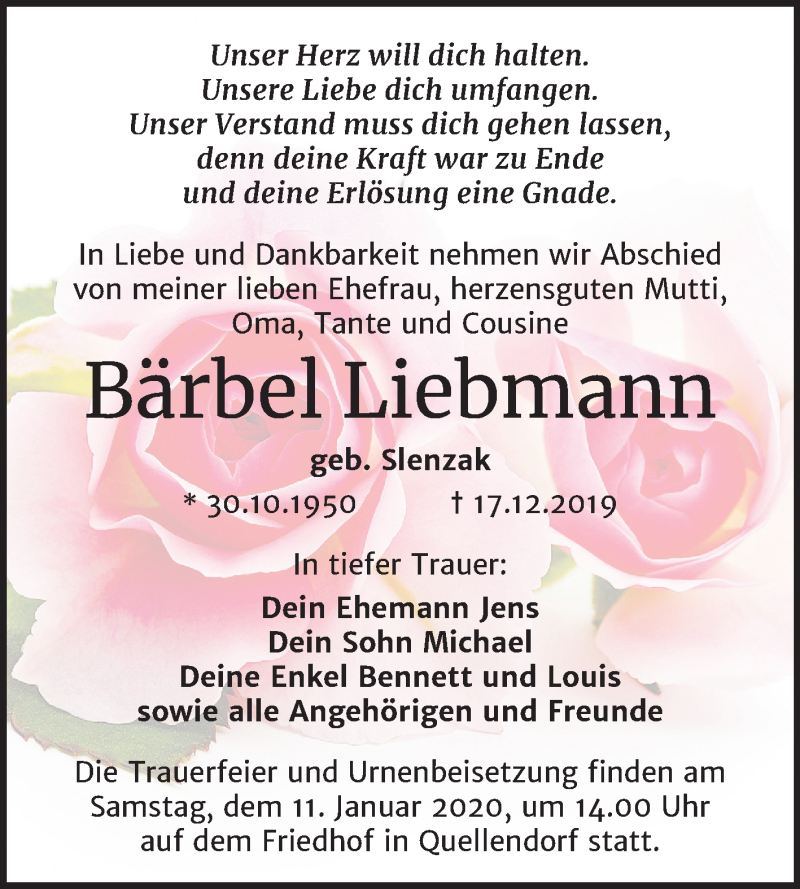  Traueranzeige für Bärbel Liebmann vom 28.12.2019 aus Mitteldeutsche Zeitung Köthen