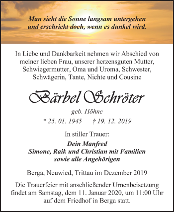 Traueranzeige von Bärbel Schröter von Mitteldeutsche Zeitung Sangerhausen