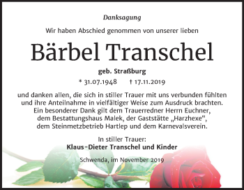 Traueranzeige von Bärbel Transchel von Mitteldeutsche Zeitung Sangerhausen