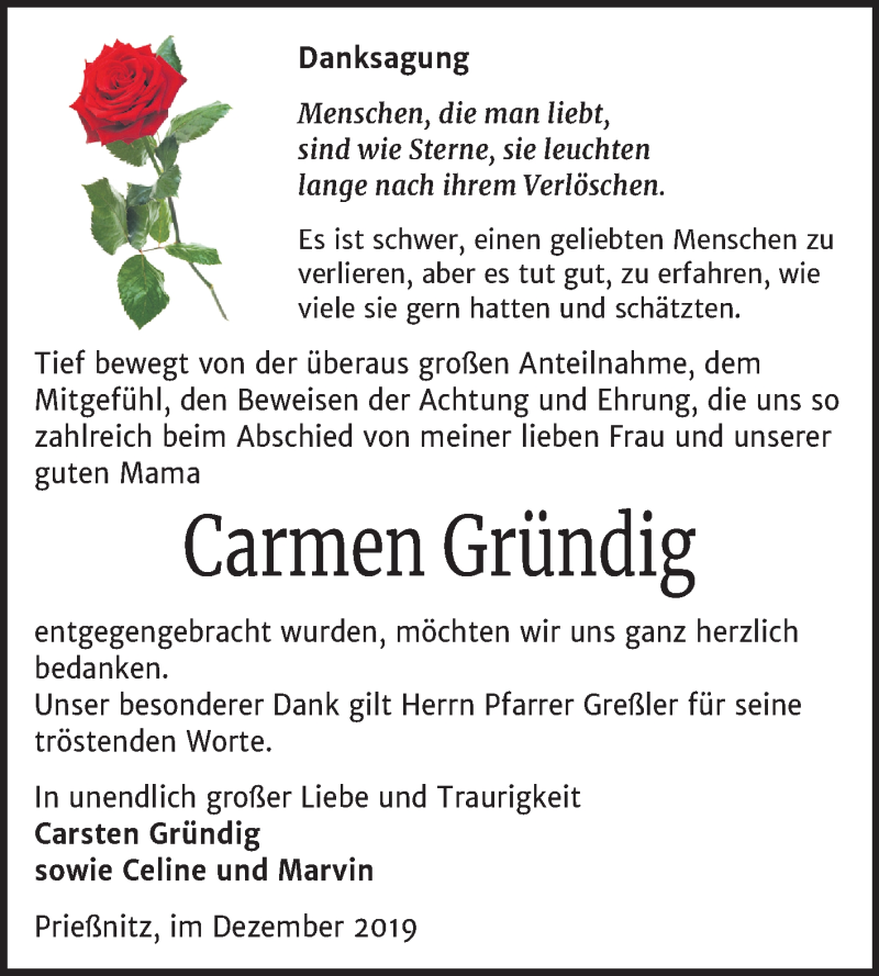  Traueranzeige für Carmen Gründig vom 21.12.2019 aus Mitteldeutsche Zeitung Naumburg/Nebra