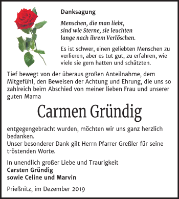 Traueranzeige von Carmen Gründig von Wochenspiegel Naumburg/Nebra