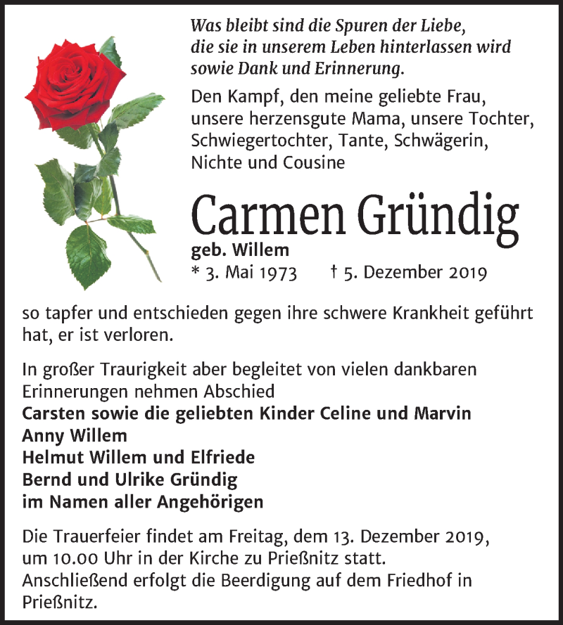  Traueranzeige für Carmen Gründig vom 07.12.2019 aus Mitteldeutsche Zeitung Naumburg/Nebra