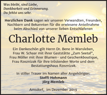Traueranzeige von Charlotte Memleb von Wochenspiegel Mansfelder Land