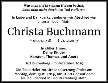 Traueranzeige von Christa Buchmann von Super Sonntag Merseburg/Querfurt