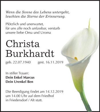 Traueranzeige von Christa Burkhardt von Wochenspiegel Bitterfeld