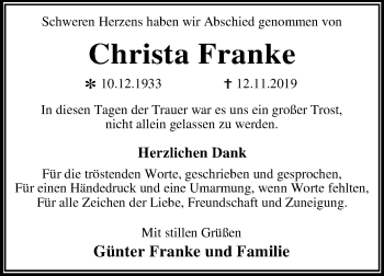 Traueranzeige von Christa Franke von Super Sonntag Wittenberg
