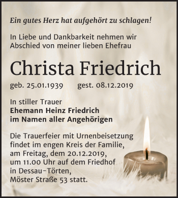 Traueranzeige von Christa Friedrich von Super Sonntag Dessau-Roßlau