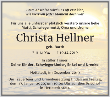 Traueranzeige von Christa Hellner von Mitteldeutsche Zeitung Mansfelder Land