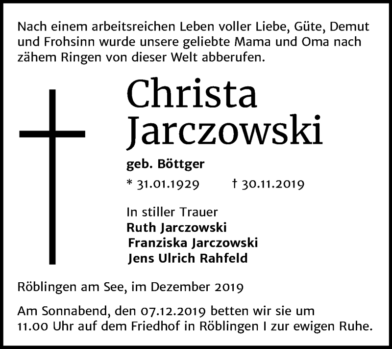  Traueranzeige für Christa Jarczowski vom 04.12.2019 aus Mitteldeutsche Zeitung Mansfelder Land