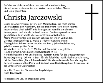 Traueranzeige von Christa Jarczowski von Wochenspiegel Mansfelder Land
