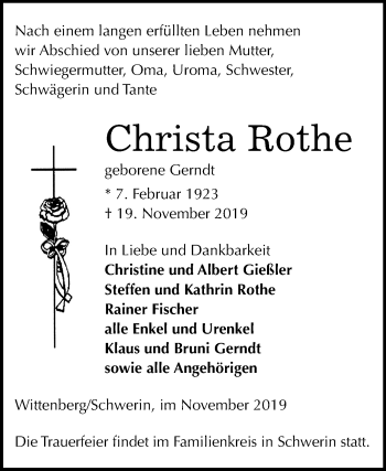 Traueranzeige von Christa Rothe von Wochenspiegel Wittenberg