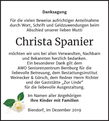 Traueranzeige von Christa Spanier von Mitteldeutsche Zeitung Bernburg