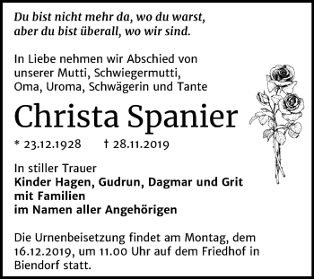 Traueranzeige von Christa Spanier von Mitteldeutsche Zeitung Bernburg