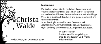 Traueranzeige von Christa Walde von Mitteldeutsche Zeitung Quedlinburg