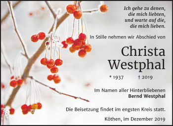 Traueranzeige von Christa Westphal von Mitteldeutsche Zeitung Köthen