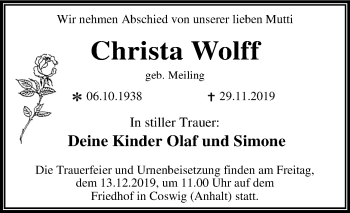 Traueranzeige von Christa Wolff von Super Sonntag Wittenberg