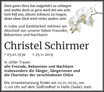 Traueranzeige von Christel Schirmer von Mitteldeutsche Zeitung Halle/Saalkreis