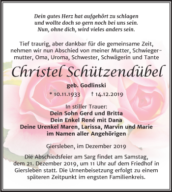 Traueranzeige von Christel Schützendübel von Mitteldeutsche Zeitung Aschersleben
