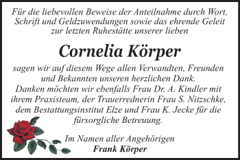 Traueranzeige von Cornelia Körper von Super Sonntag Dessau-Roßlau