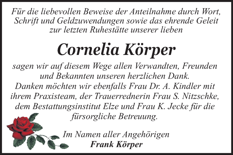  Traueranzeige für Cornelia Körper vom 14.12.2019 aus Super Sonntag Dessau-Roßlau