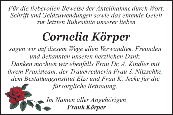 Traueranzeige von Cornelia Körper von Mitteldeutsche Zeitung Dessau-Roßlau