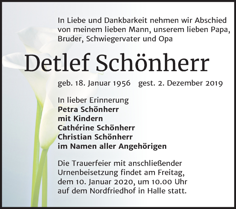  Traueranzeige für Detlef Schönherr vom 28.12.2019 aus Mitteldeutsche Zeitung Halle/Saalkreis