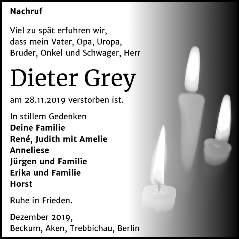  Traueranzeige für Dieter Grey vom 24.12.2019 aus Wochenspiegel Köthen