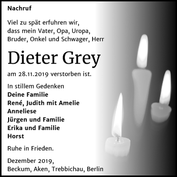 Traueranzeige von Dieter Grey von Wochenspiegel Köthen