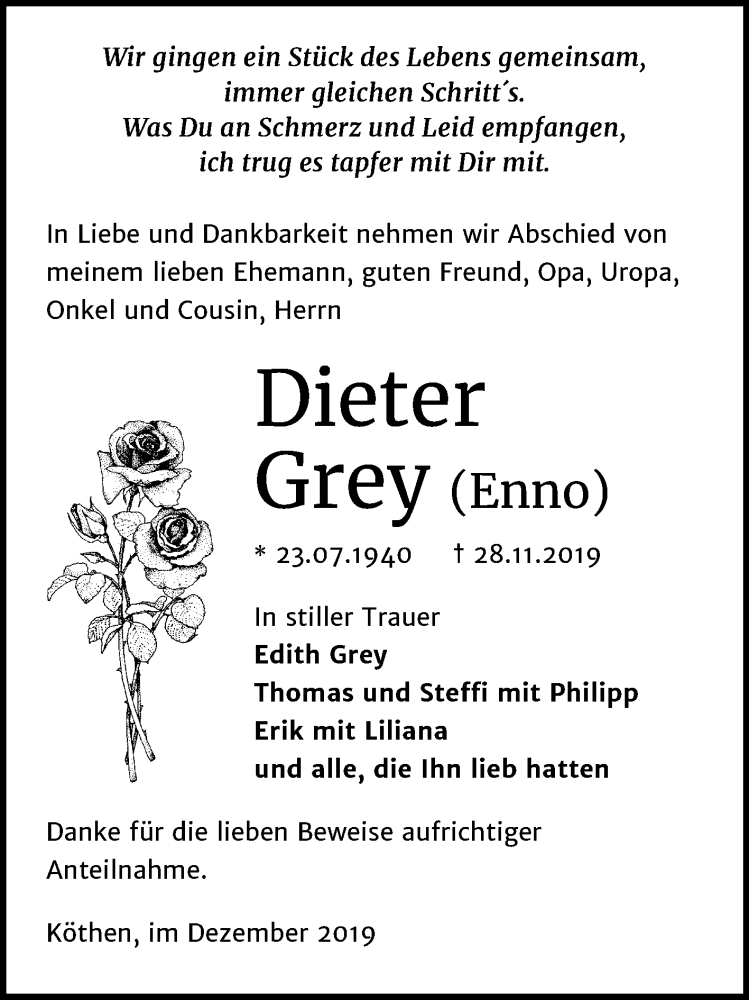  Traueranzeige für Dieter Grey vom 14.12.2019 aus Mitteldeutsche Zeitung Köthen