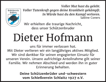 Traueranzeige von Dieter Hofmann von Wochenspiegel Bitterfeld