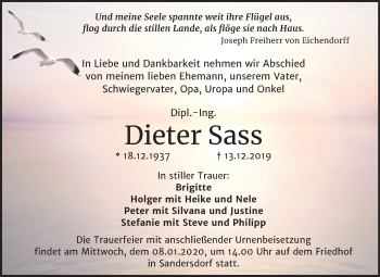 Traueranzeige von Dieter Sass von Mitteldeutsche Zeitung Bitterfeld