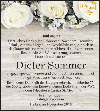 Traueranzeige von Dieter Sommer von Wochenspiegel Mansfelder Land