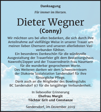 Traueranzeige von Dieter Wegner von Wochenspiegel Bitterfeld