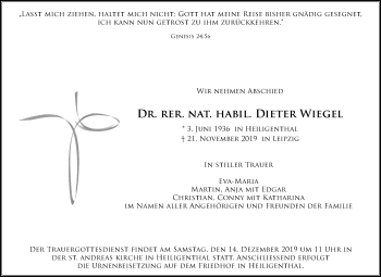 Traueranzeige von Dieter Wiegel von Mitteldeutsche Zeitung Mansfelder Land