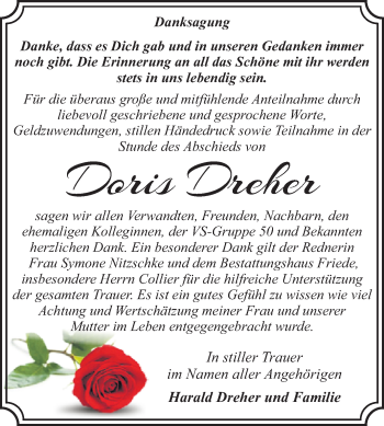 Traueranzeige von Doris Dreher von Super Sonntag Dessau-Roßlau
