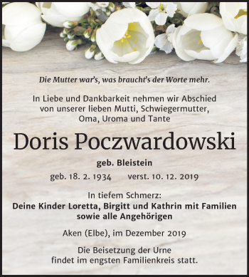 Traueranzeige von Doris Poczwardowski von Mitteldeutsche Zeitung Köthen