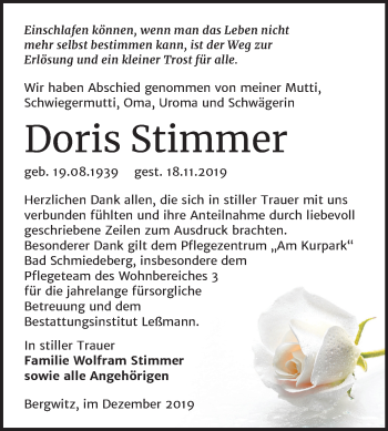 Traueranzeige von Doris Stimmer von Mitteldeutsche Zeitung Wittenberg