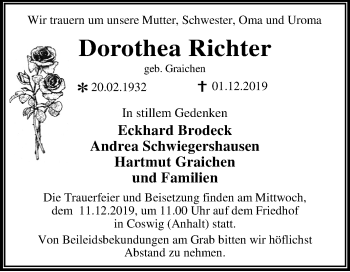 Traueranzeige von Dorothea Richter von Mitteldeutsche Zeitung Wittenberg