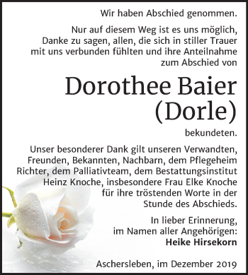 Traueranzeige von Dorothee Baier von Super Sonntag Aschersleben