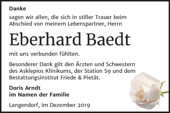 Traueranzeige von Eberhard Baedt von Mitteldeutsche Zeitung Weißenfels